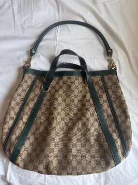 Gucci GG Canvas Large Hobo Bag Green Leather Trim Gold Hardware
